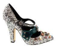 Dolce & Gabbana Silver Sequin Mary Jane Pumps with Jeweled Velvet Strap-39