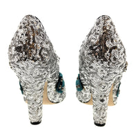 Dolce & Gabbana Silver Sequin Mary Jane Pumps with Jeweled Velvet Strap-39