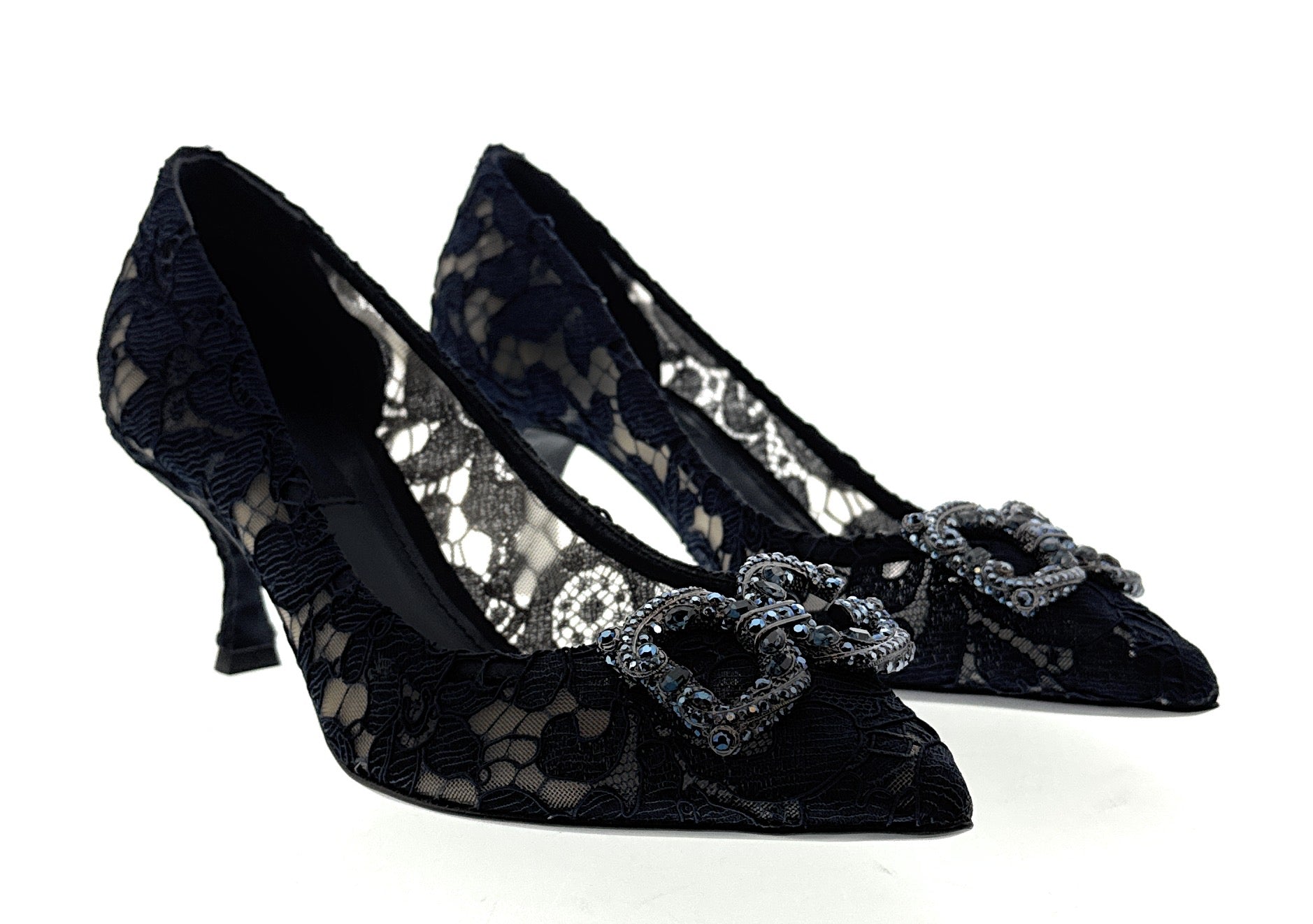 Dolce & Gabbana Deep Navy Floral Lace Kitten Heels