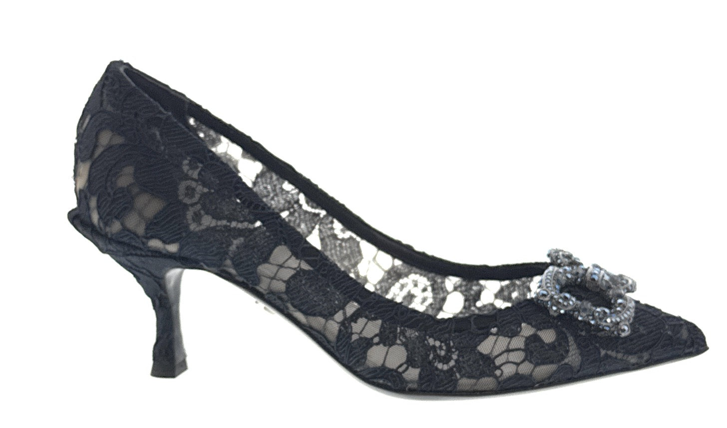 Dolce & Gabbana Deep Navy Floral Lace Kitten Heels