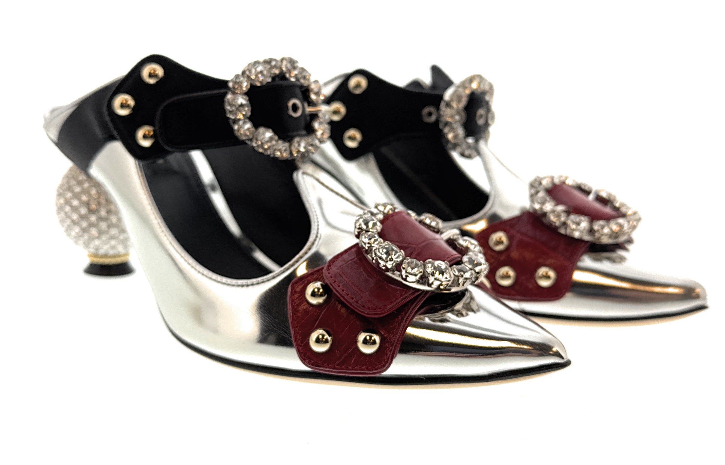 Dolce & Gabbana Metallic Silver Heels with Crystal Buckles & Pearl Embellished Heels -EU37