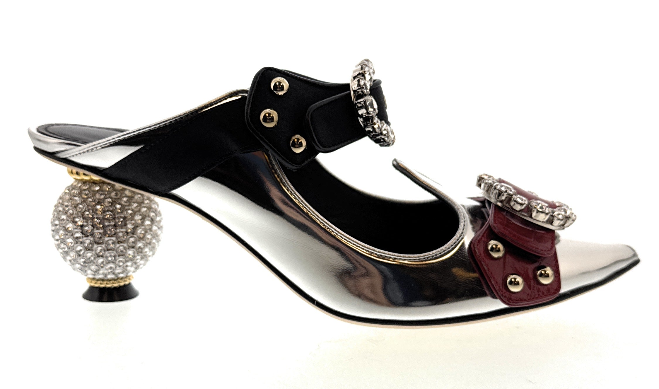 Dolce & Gabbana Metallic Silver Heels with Crystal Buckles & Pearl Embellished Heels -EU37