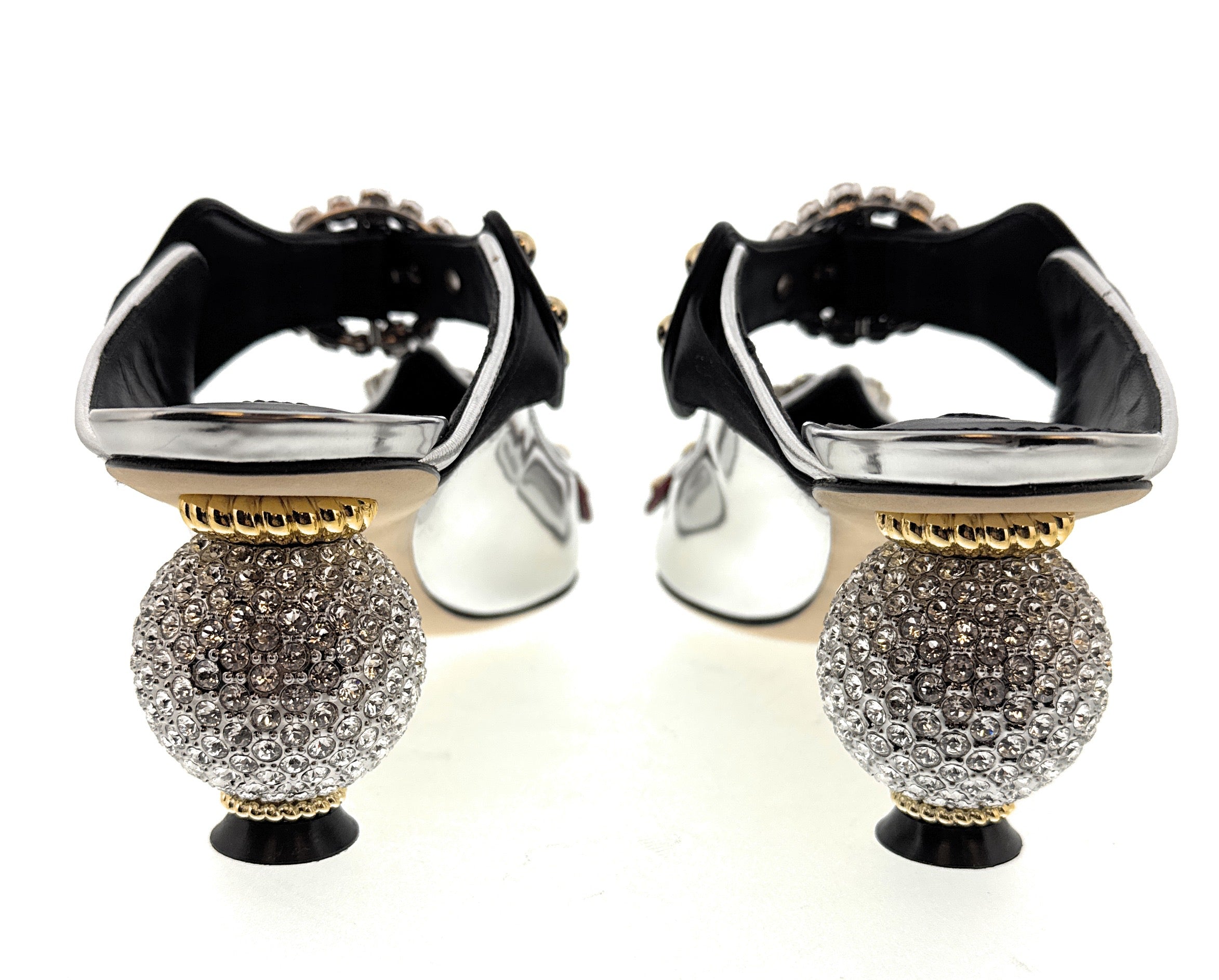 Dolce & Gabbana Metallic Silver Heels with Crystal Buckles & Pearl Embellished Heels -EU37