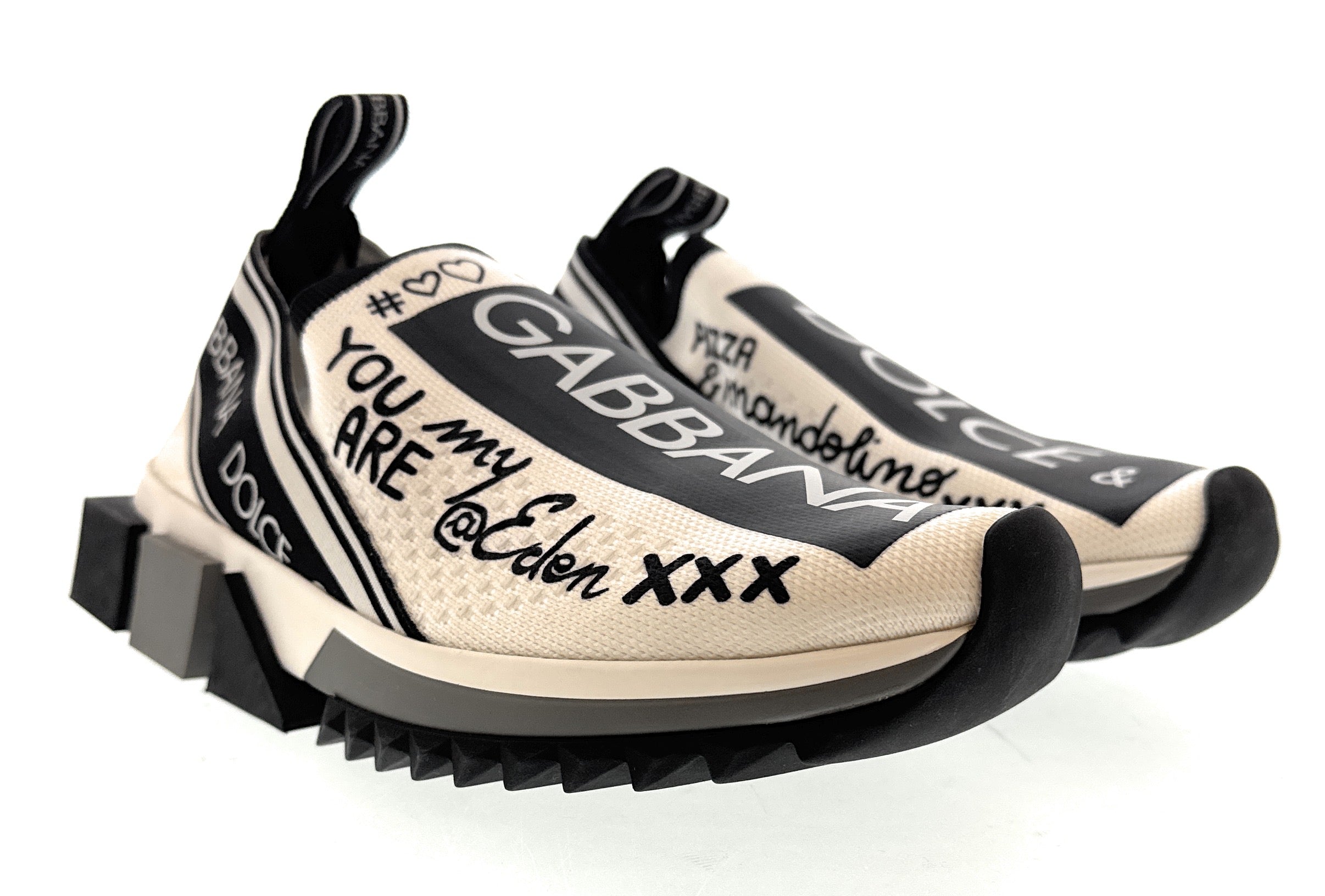 Dolce & Gabbana White/Black Logo Knit Slip On Sneakers-EU35