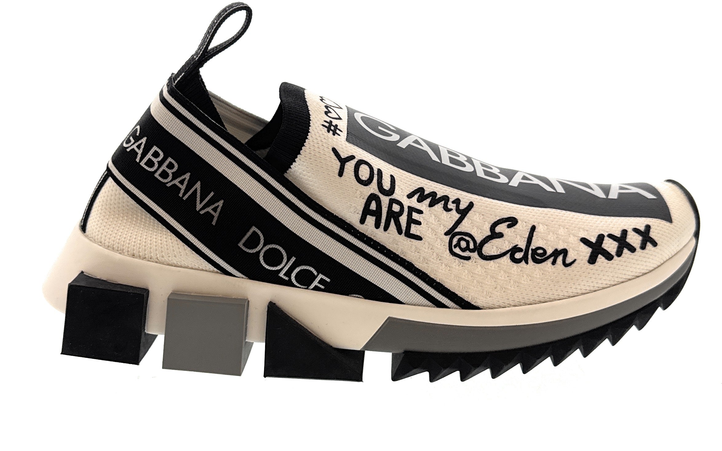 Dolce & Gabbana White/Black Logo Knit Slip On Sneakers-EU35