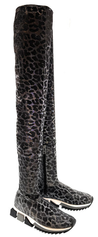 Dolce & Gabbana Leopard Print Stretch Over-the-Knee Sock Boots -EU37.5