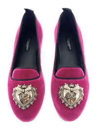 Dolce & Gabbana Women's Burgundy Velvet Loafers with Sacred Heart Embellishment-EU36