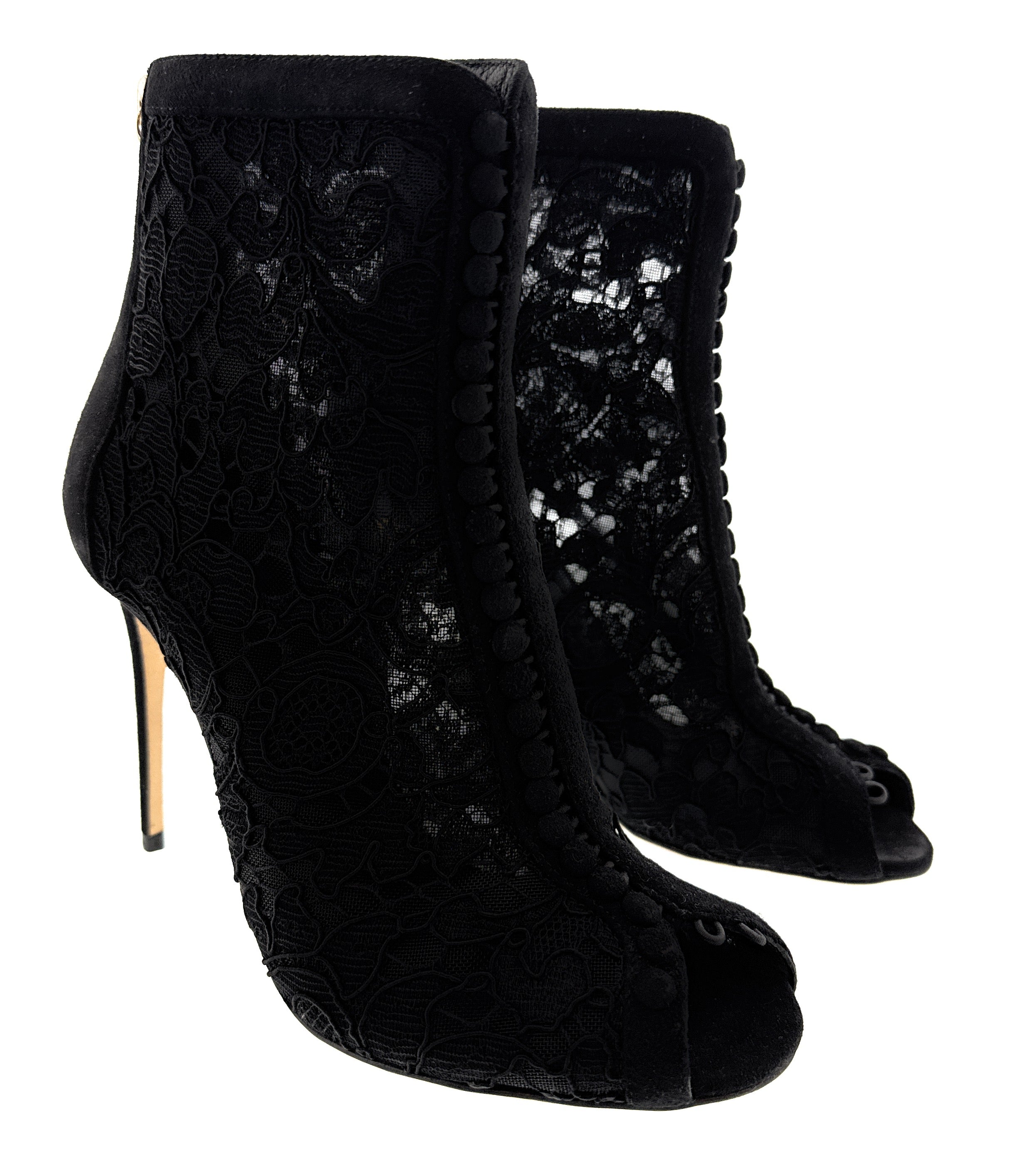Dolce & Gabbana Velvet Trimmed Lace Peep-Toe Booties -EU35