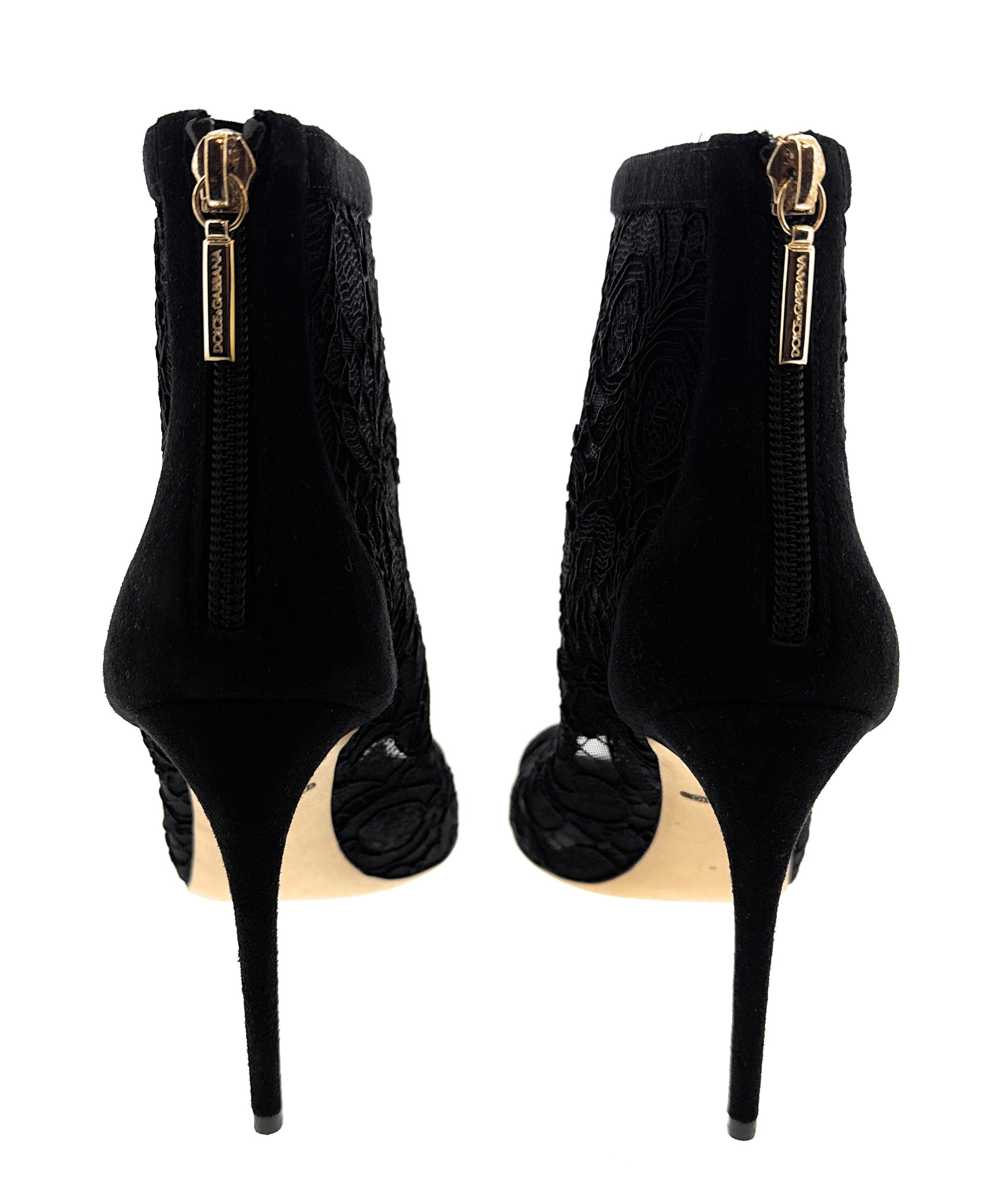 Dolce & Gabbana Velvet Trimmed Lace Peep-Toe Booties -EU35