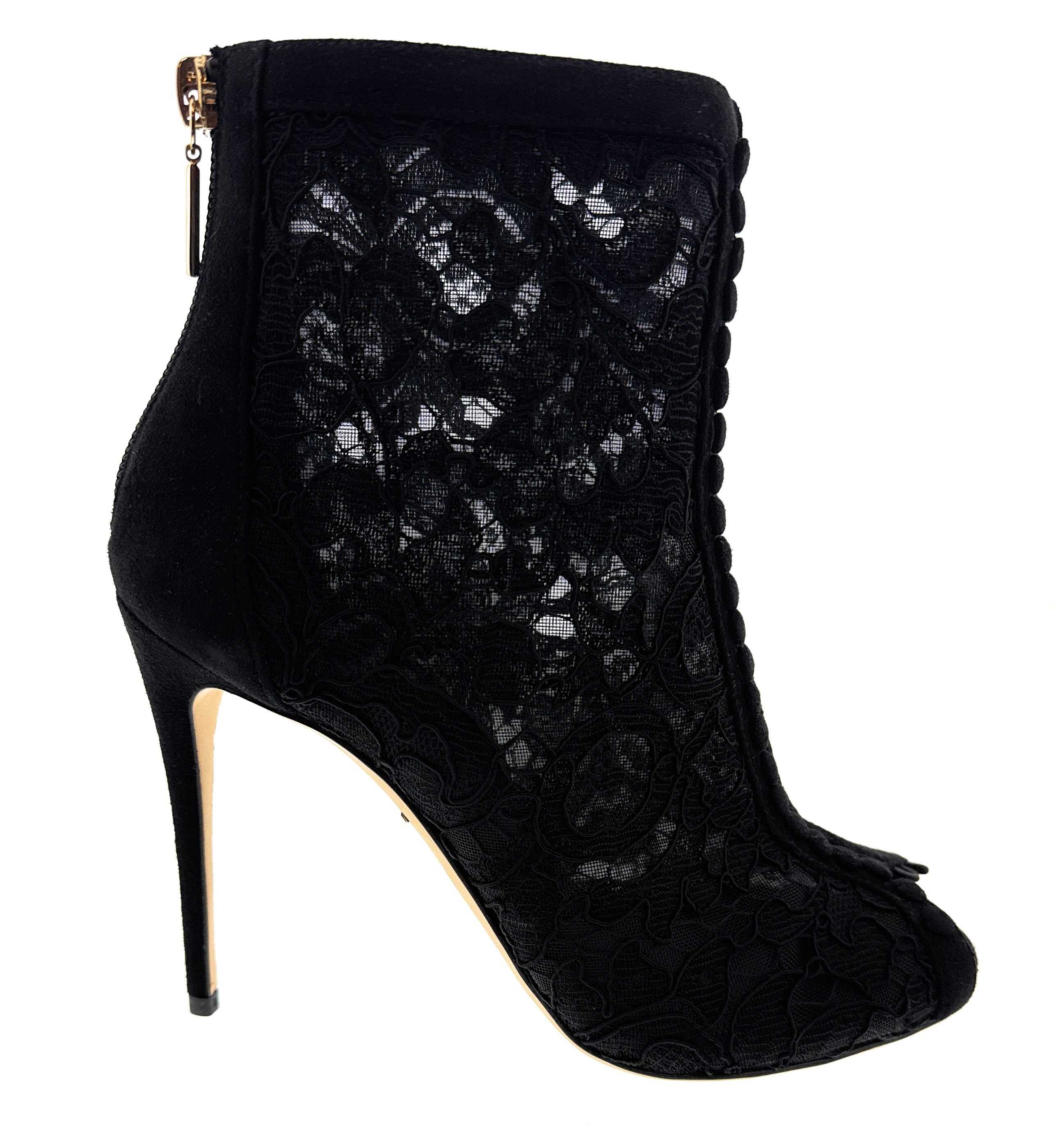 Dolce & Gabbana Velvet Trimmed Lace Peep-Toe Booties -EU35