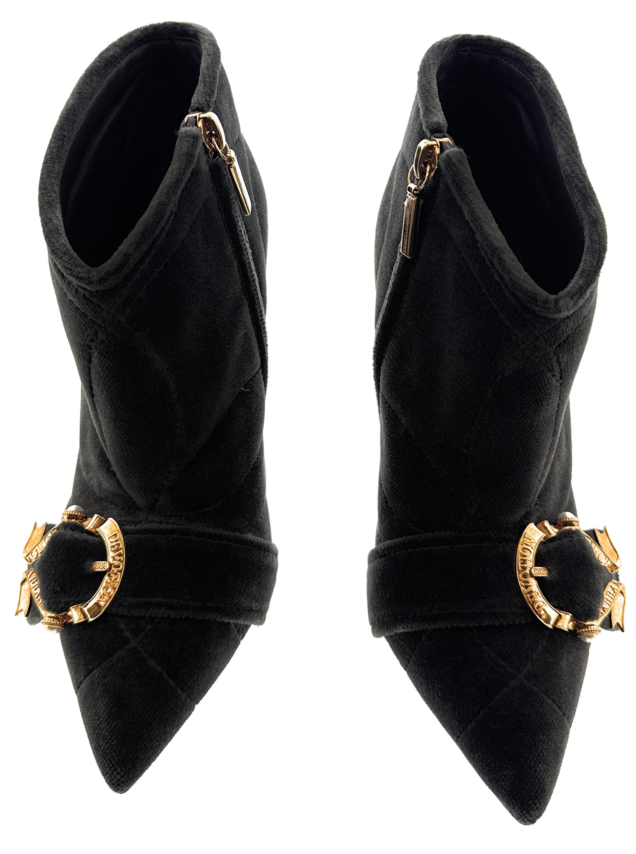 Dolce & Gabbana Quilted Black Velvet Ankle Boots with Baroque Buckle -EU36