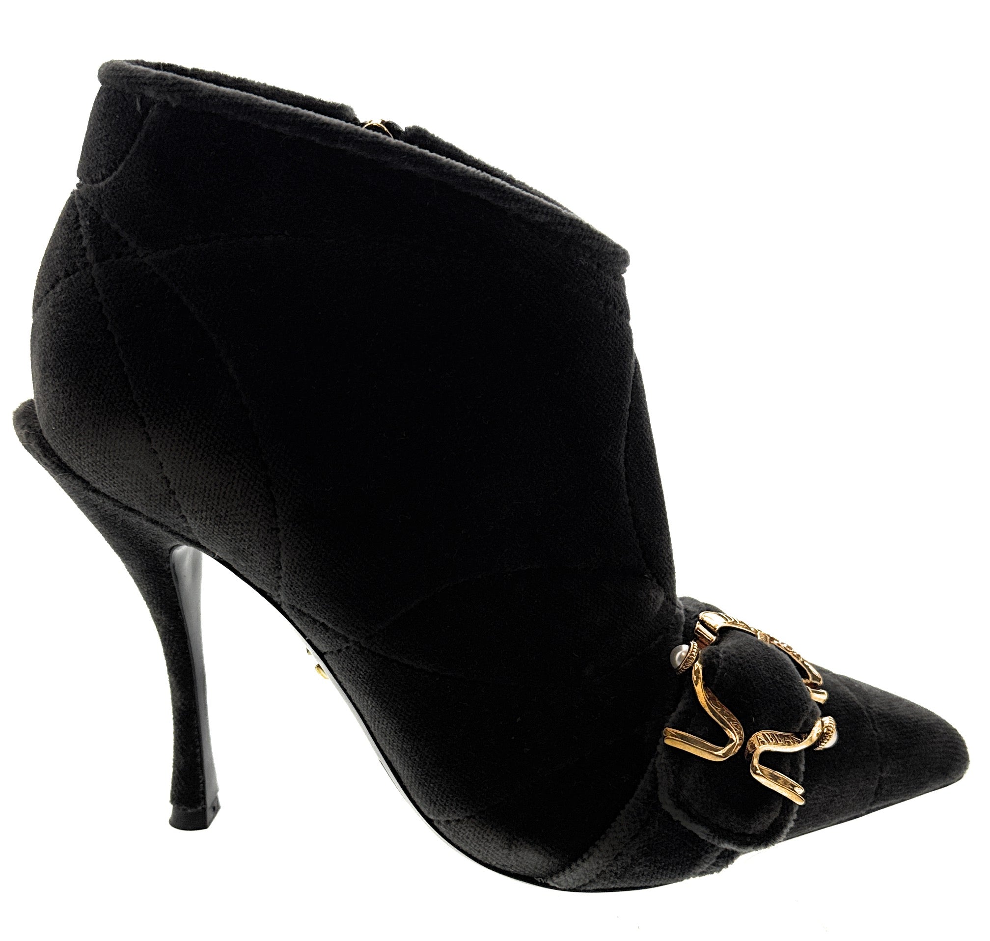 Dolce & Gabbana Quilted Black Velvet Ankle Boots with Baroque Buckle -EU36