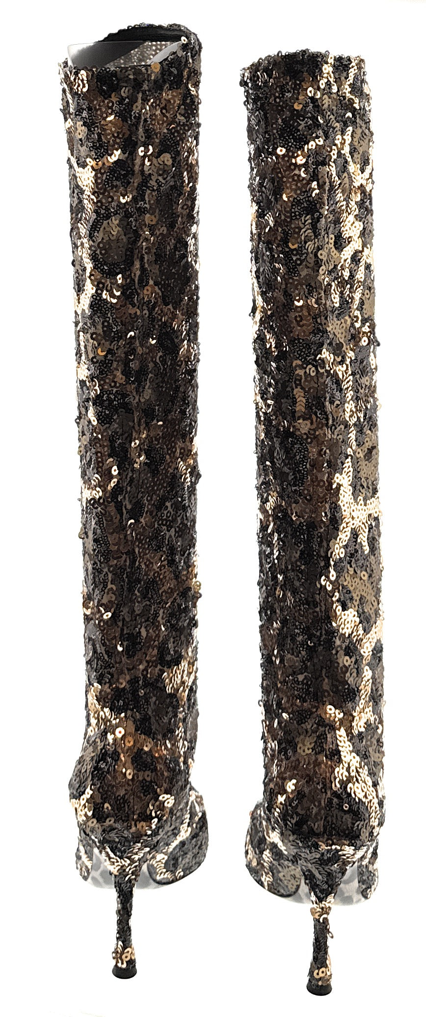 Dolce & Gabbana Sequin Embellished Leopard Knee-High Stiletto Boots -EU38