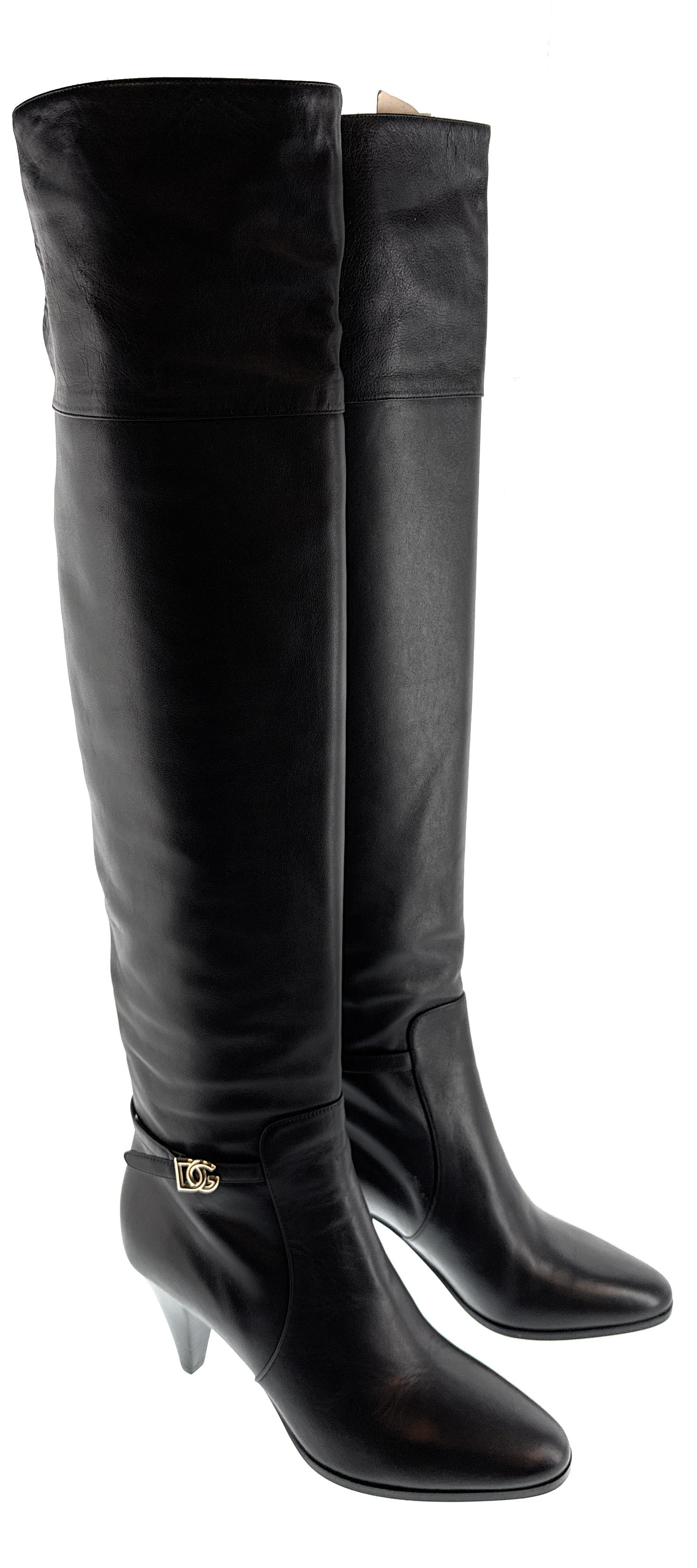 Dolce & Gabbana Classic Black Leather Mid-Heel Knee Boots-EU37.5