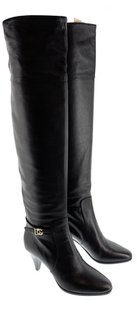 Dolce & Gabbana Classic Black Leather Mid-Heel Knee Boots-EU37.5