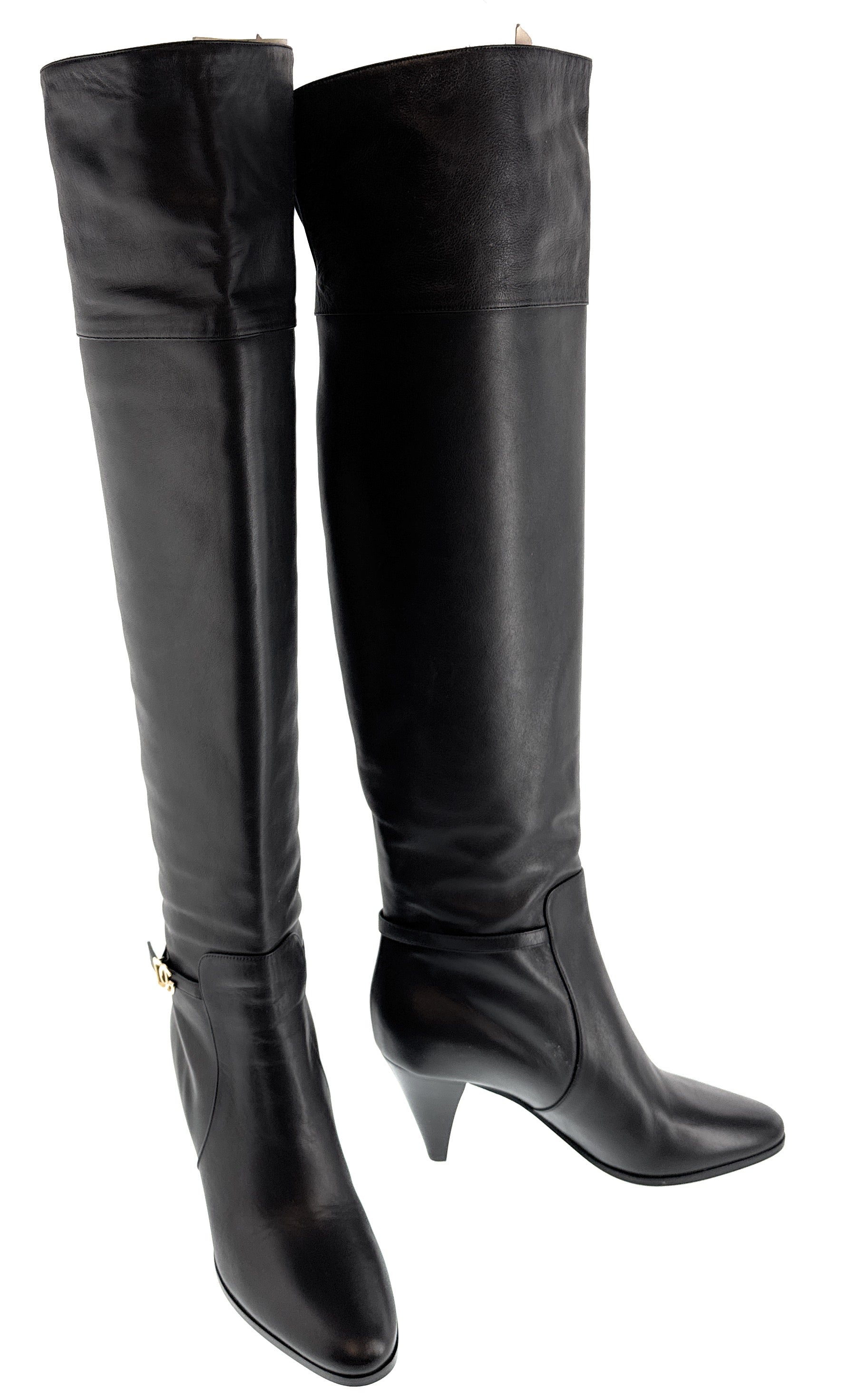 Dolce & Gabbana Classic Black Leather Mid-Heel Knee Boots-EU37.5