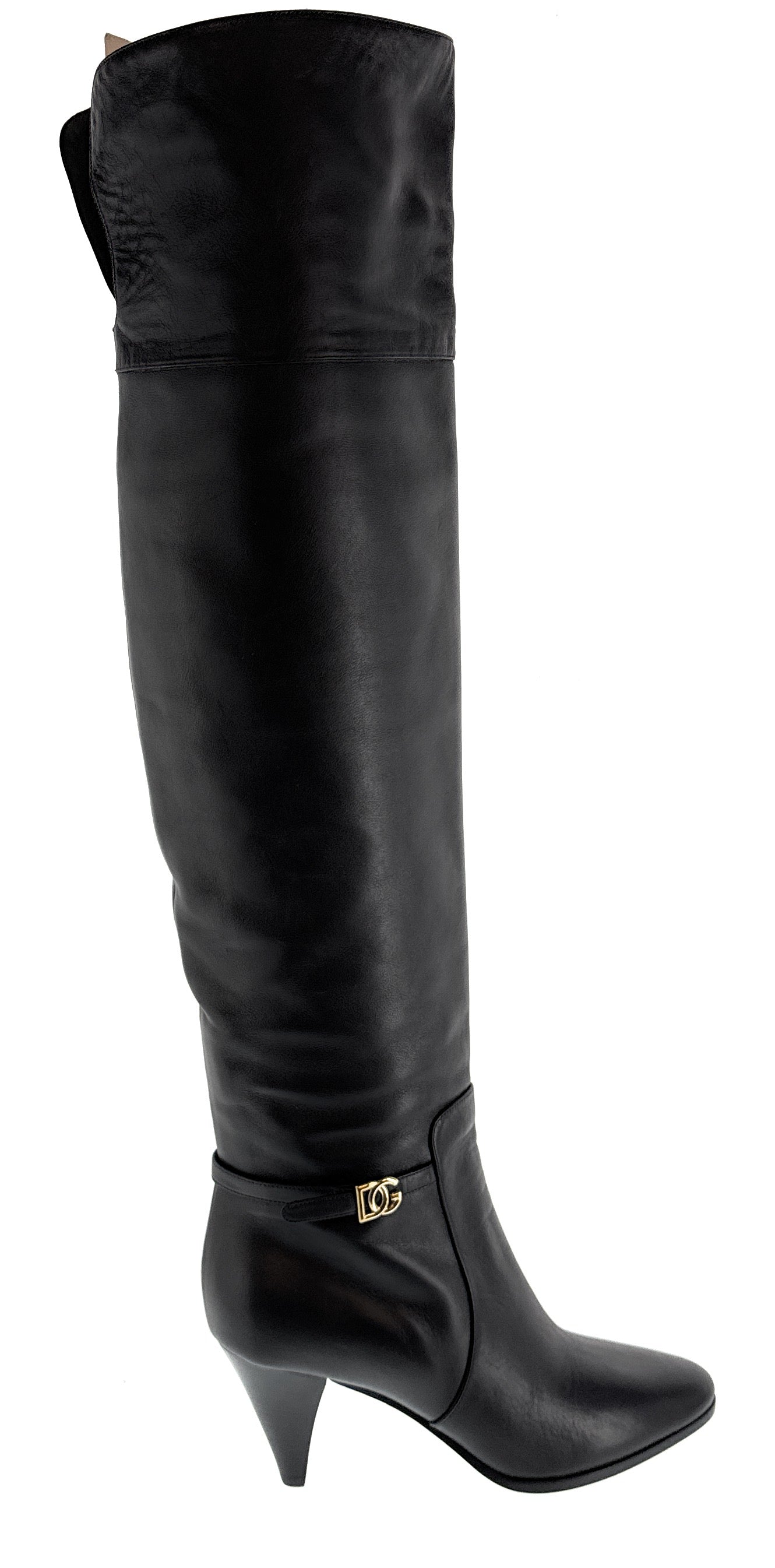 Dolce & Gabbana Classic Black Leather Mid-Heel Knee Boots-EU37.5