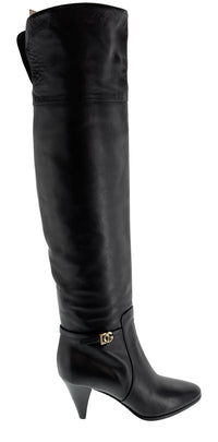 Dolce & Gabbana Classic Black Leather Mid-Heel Knee Boots-EU37.5