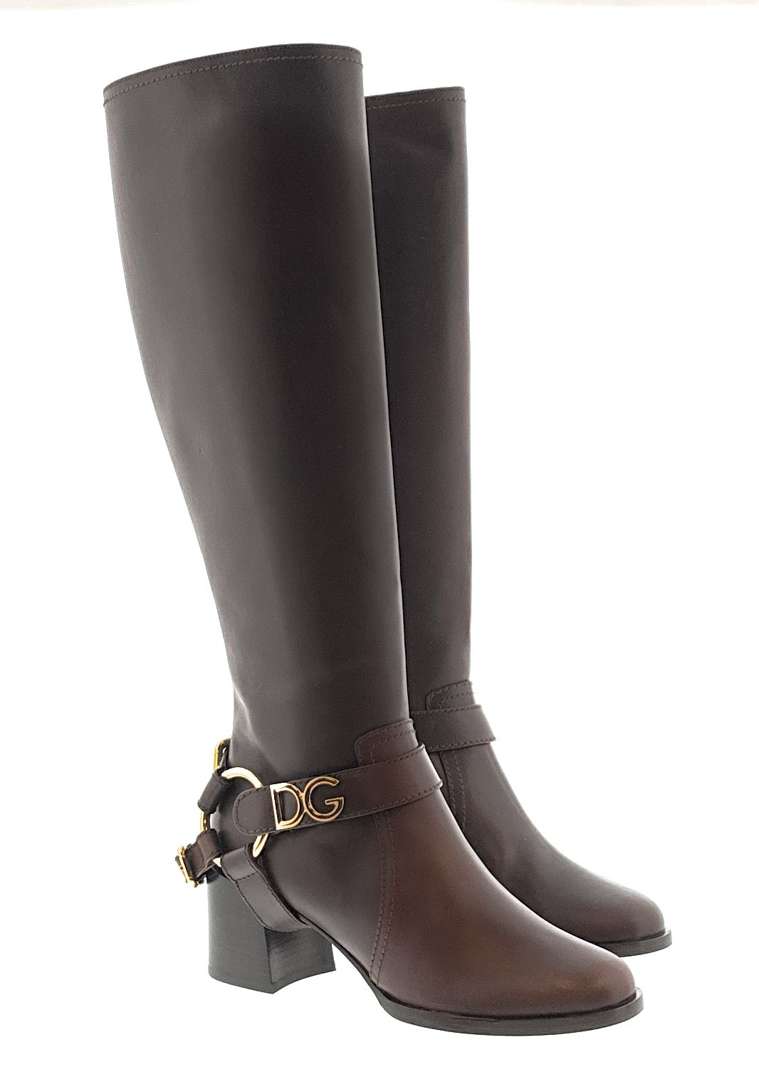 Dolce & Gabbana Brown Leather Riding Boots with Gold DG Harness Detail -EU36