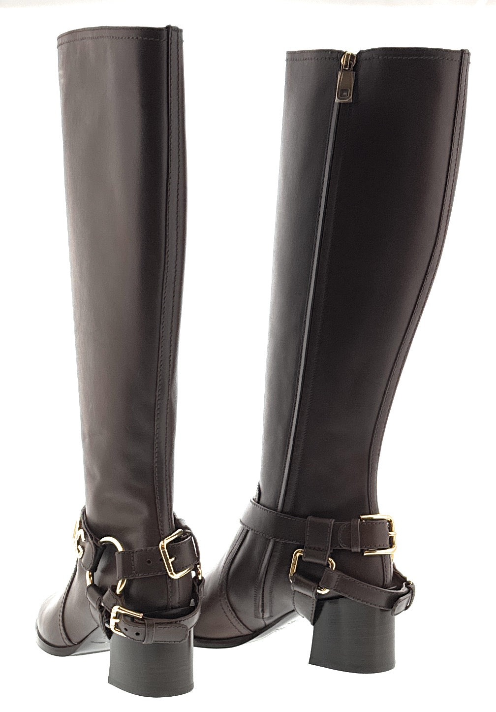 Dolce & Gabbana Brown Leather Riding Boots with Gold DG Harness Detail -EU36
