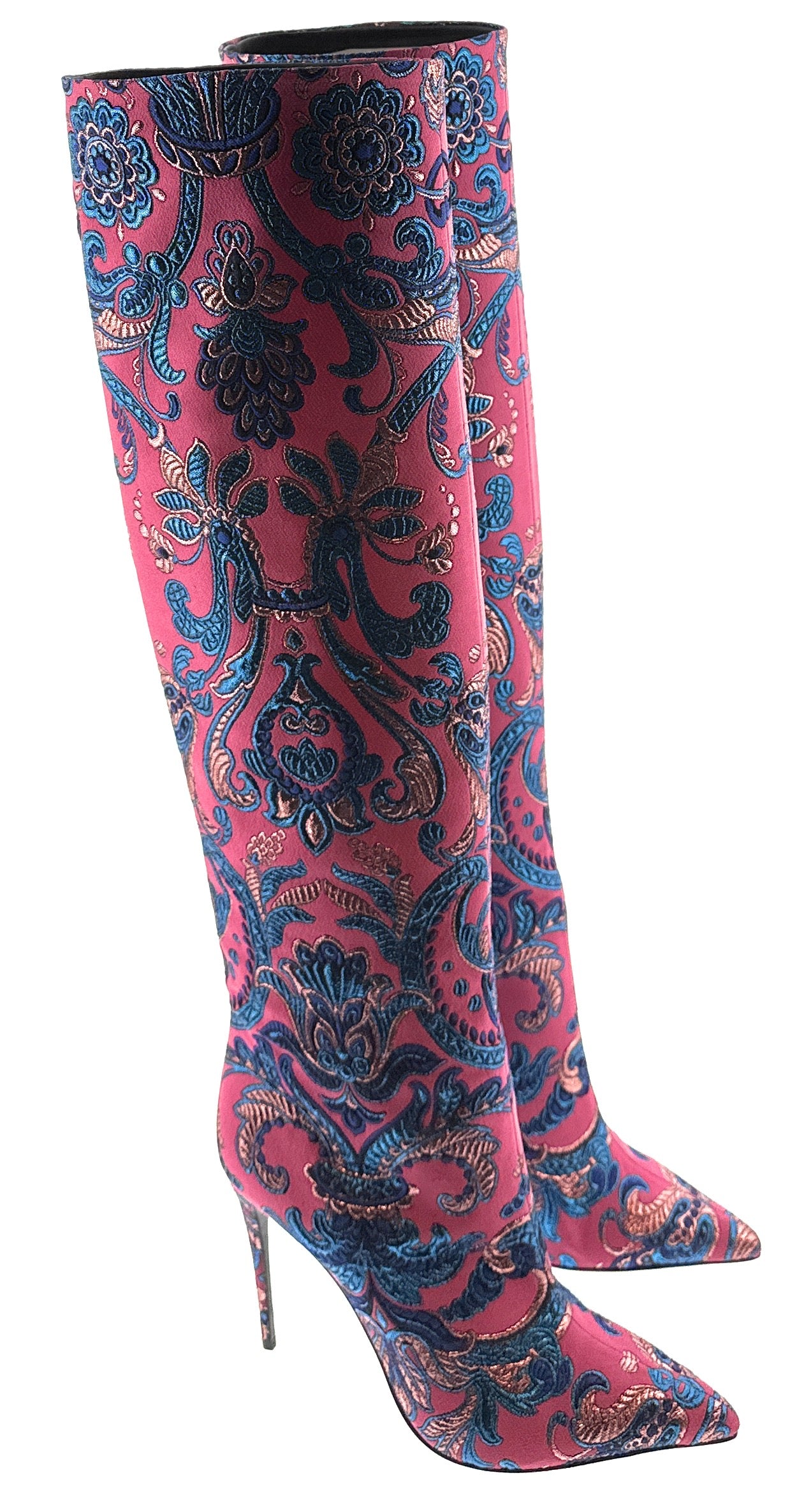 Dolce & Gabbana Pink & Blue Brocade Stiletto Boots