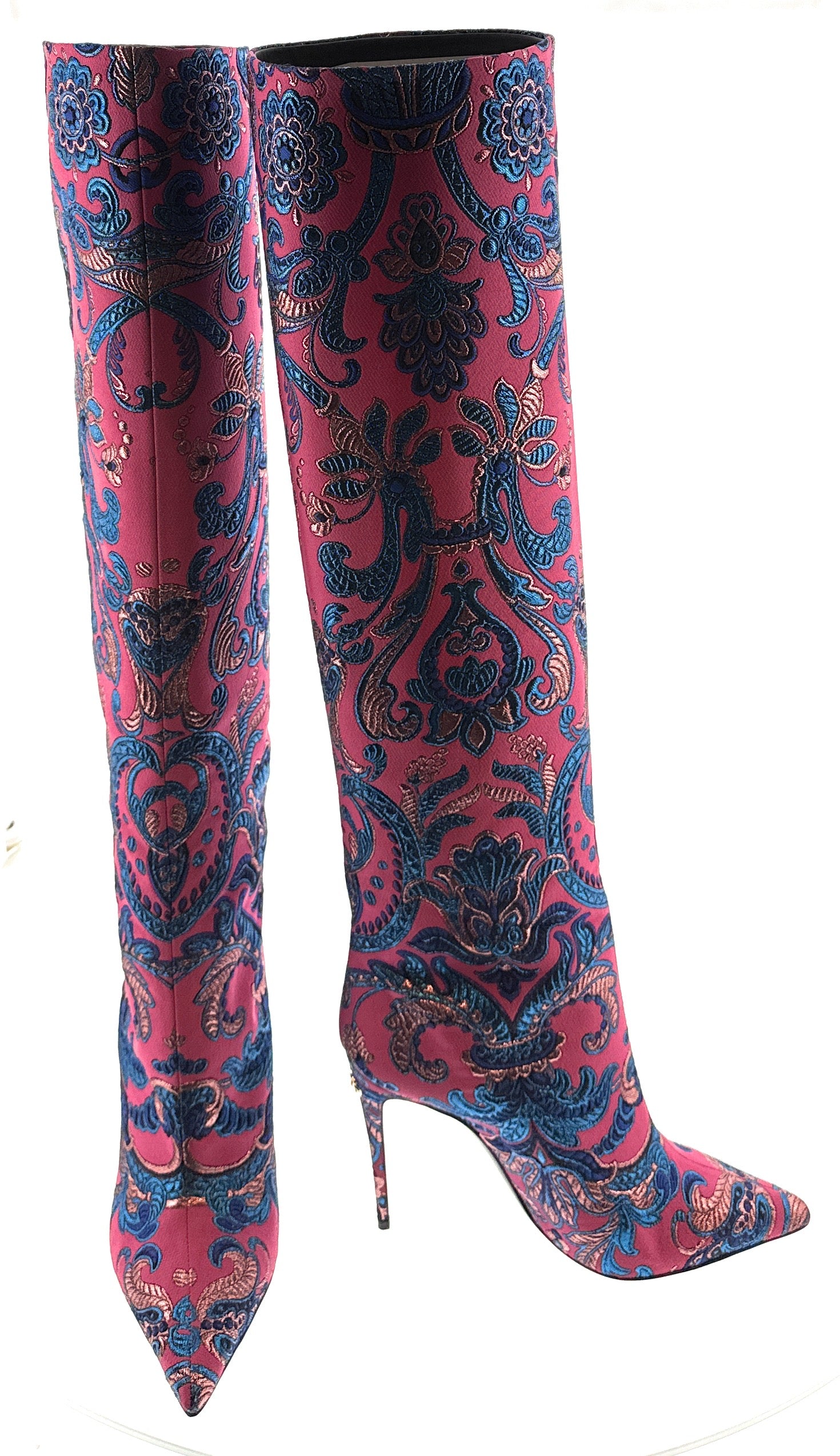 Dolce & Gabbana Pink & Blue Brocade Stiletto Boots