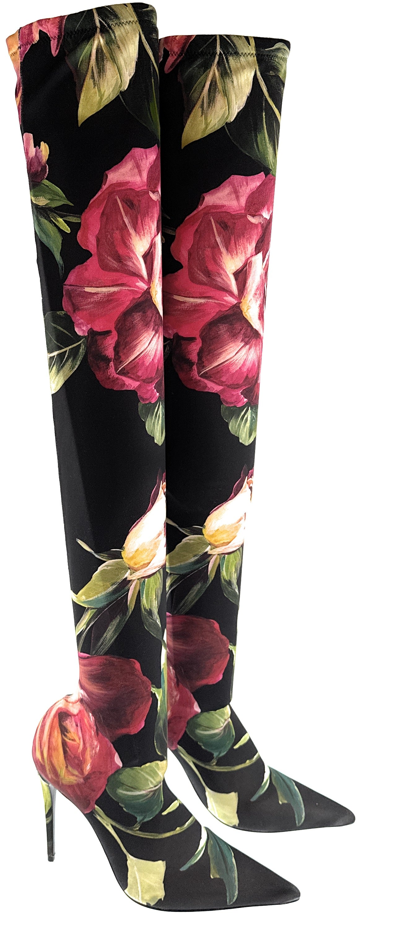 Dolce & Gabbana Black Stretch Floral Thigh-High Boots-EU37.5