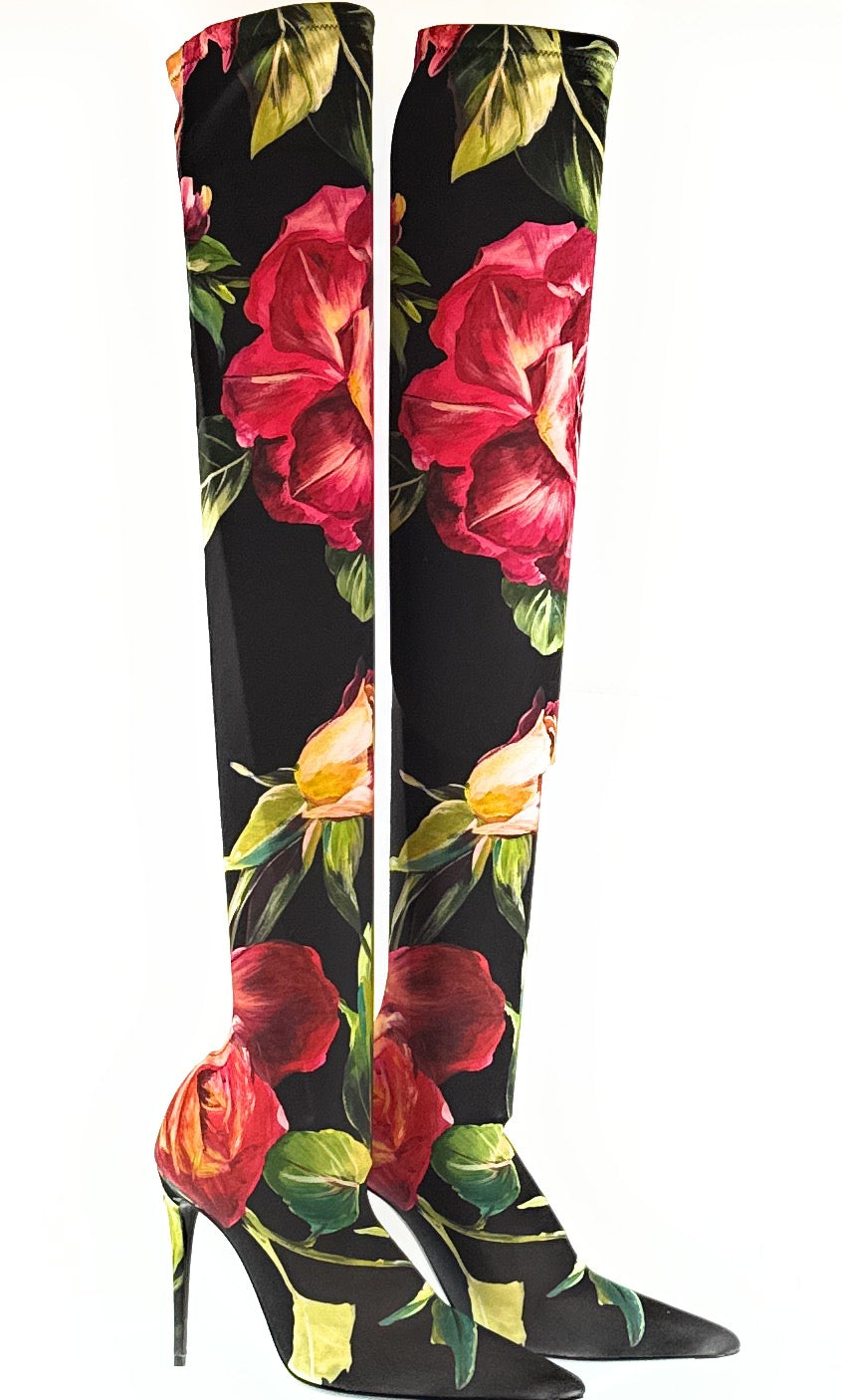Dolce & Gabbana Black Stretch Floral Thigh-High Boots-EU37.5