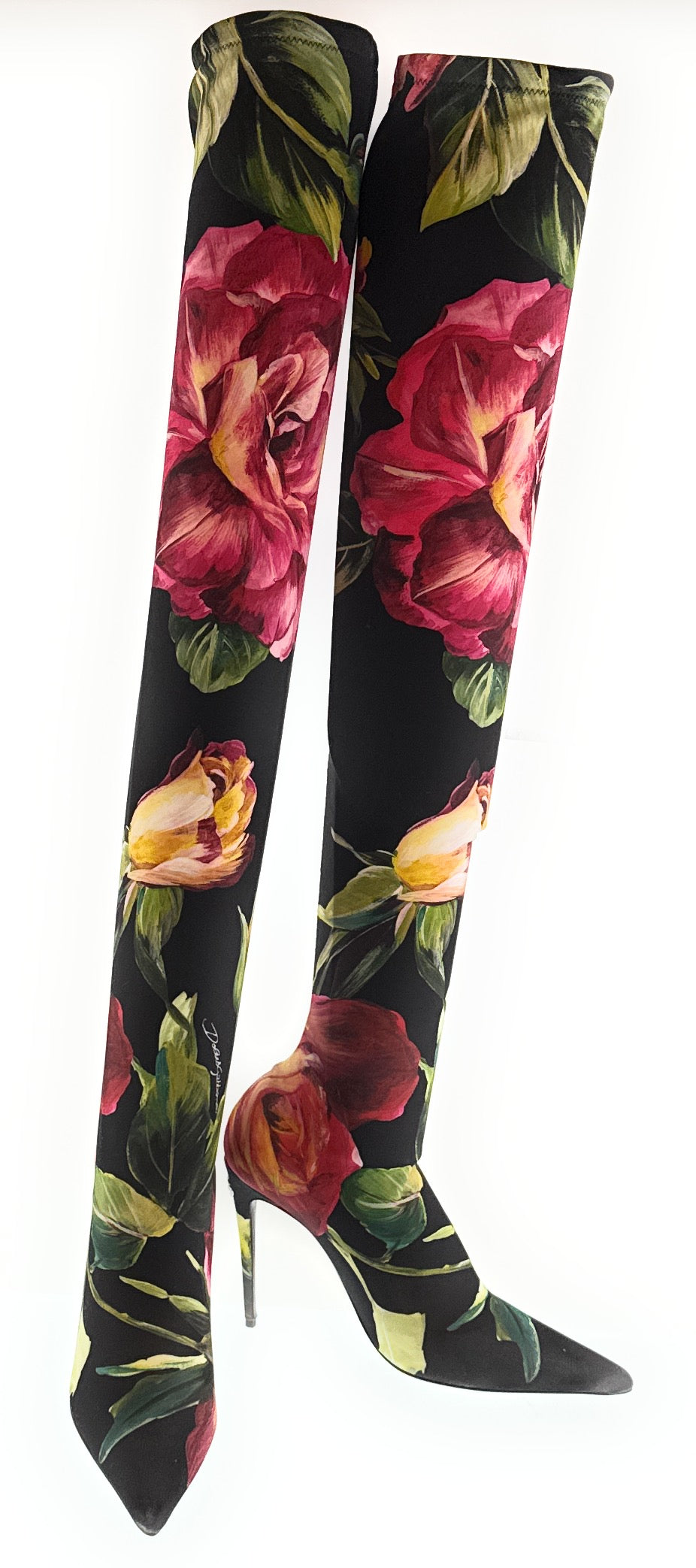 Dolce & Gabbana Black Stretch Floral Thigh-High Boots-EU37.5