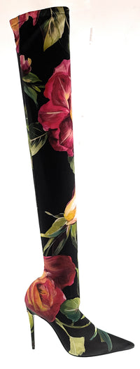Dolce & Gabbana Black Stretch Floral Thigh-High Boots-EU37.5