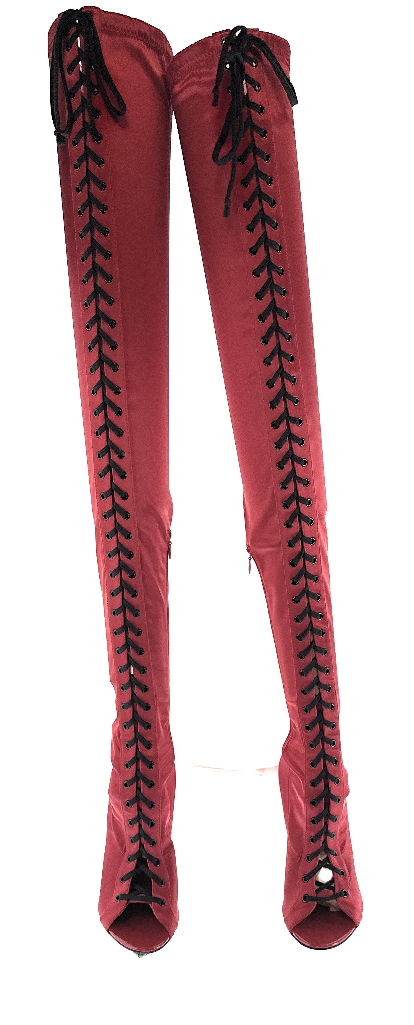 Dolce & Gabbana Red Satin Lace-Up Thigh-High Peep-Toe Boots -EU36