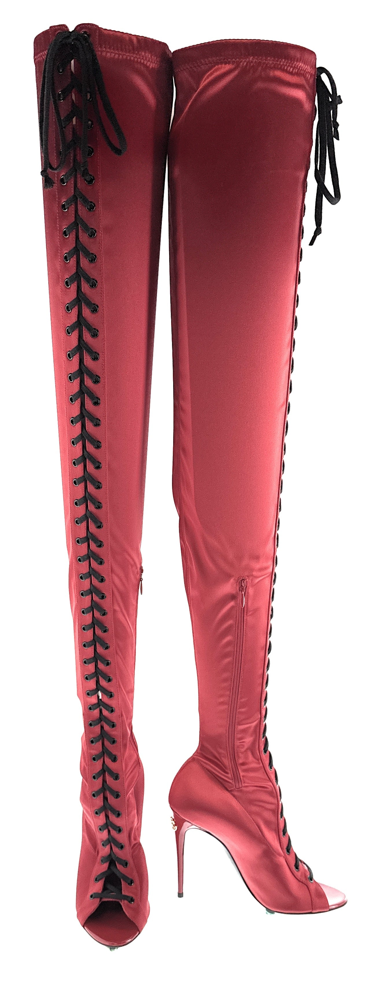 Dolce & Gabbana Red Satin Lace-Up Thigh-High Peep-Toe Boots -EU36