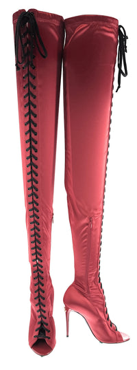 Dolce & Gabbana Red Satin Lace-Up Thigh-High Peep-Toe Boots -EU36