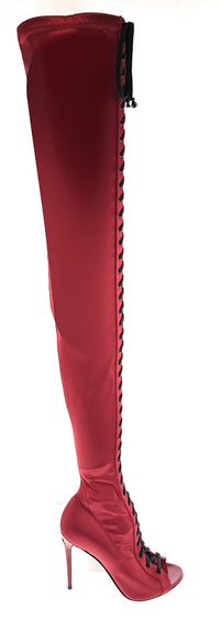 Dolce & Gabbana Red Satin Lace-Up Thigh-High Peep-Toe Boots -EU36