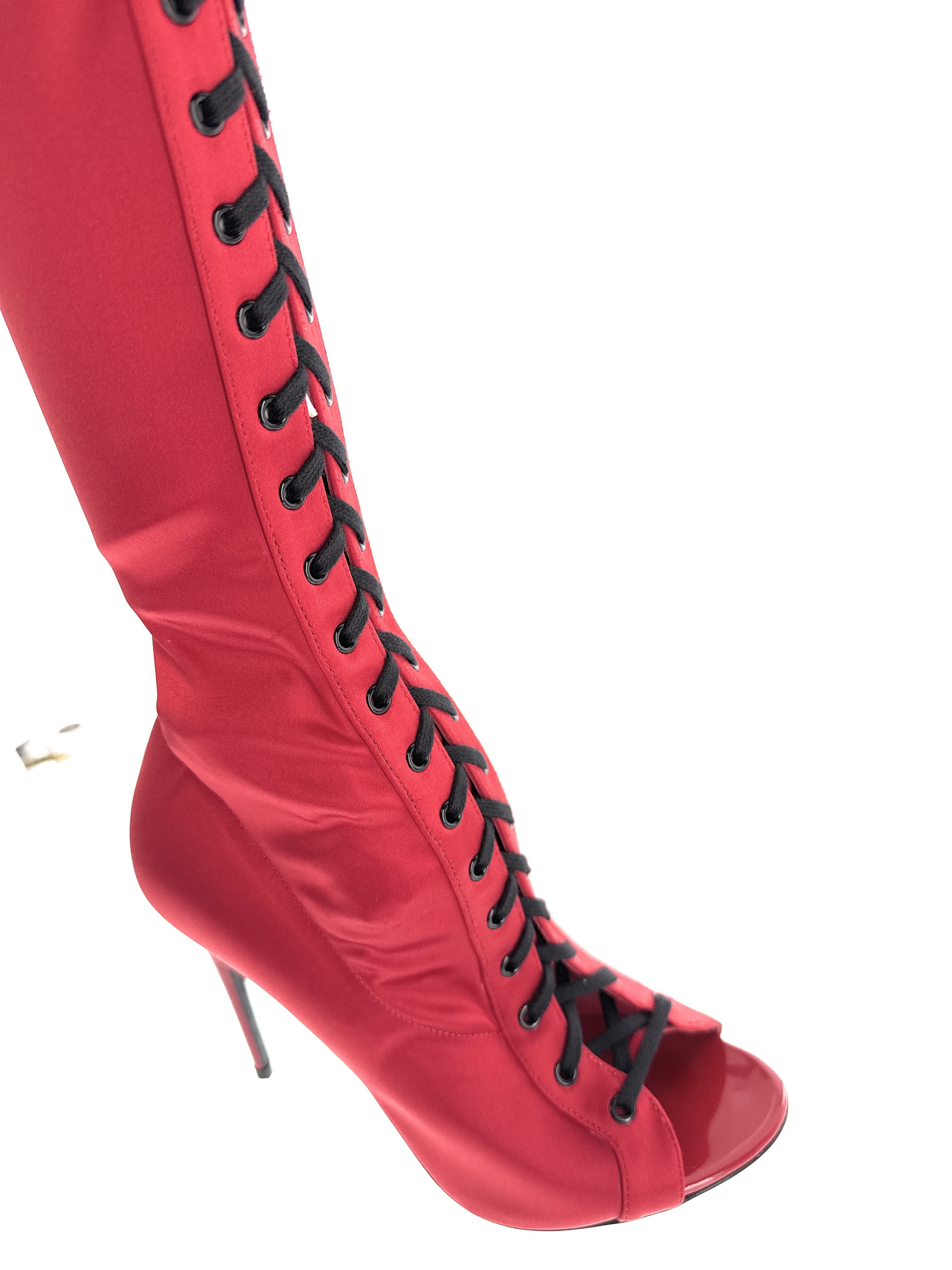 Dolce & Gabbana Red Satin Lace-Up Thigh-High Peep-Toe Boots -EU36