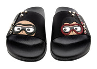 Dolce & Gabbana Black Cartoon-Detail Slides with Stud Embellishments -EU38