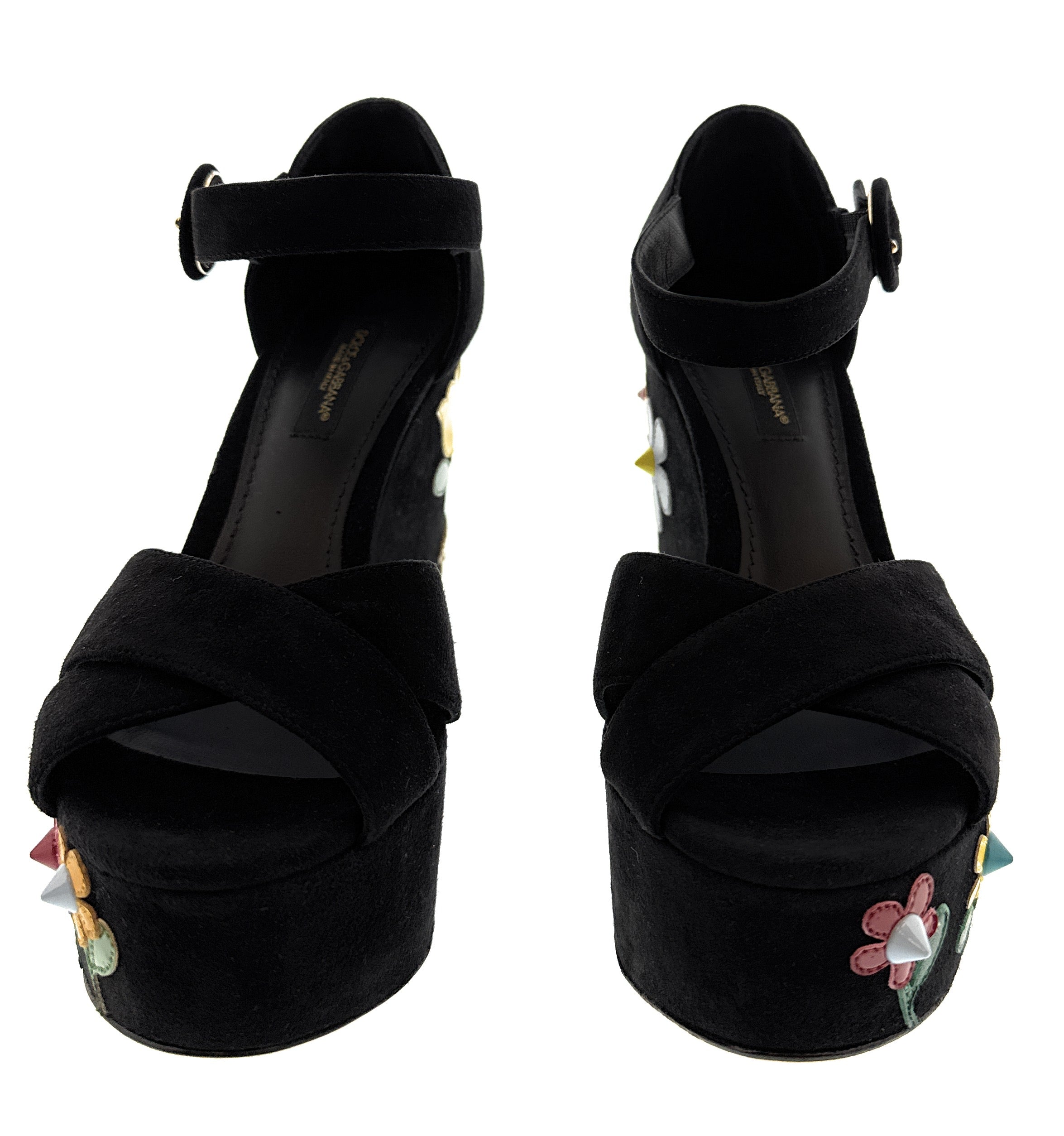 Dolce & Gabbana Floral Embellished Black Velvet Platform Sandals -EU35