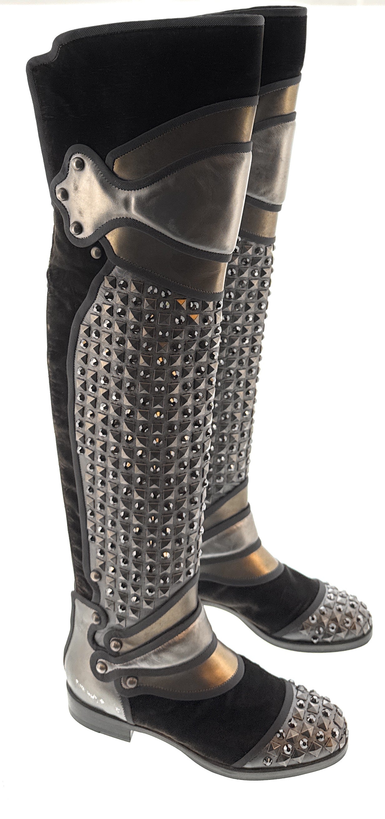 Dolce & Gabbana Studded Armored Velvet & Leather Knee-High Boots -EU35
