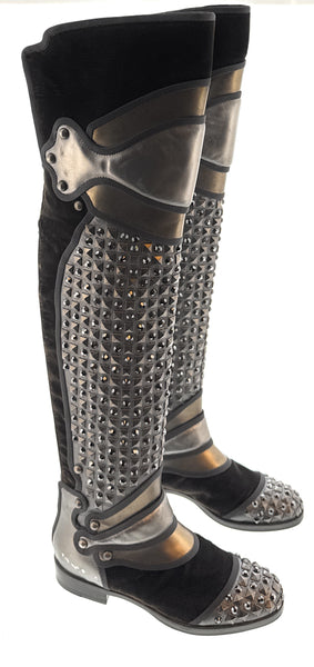 Dolce & Gabbana Studded Armored Velvet & Leather Knee-High  display picture 3