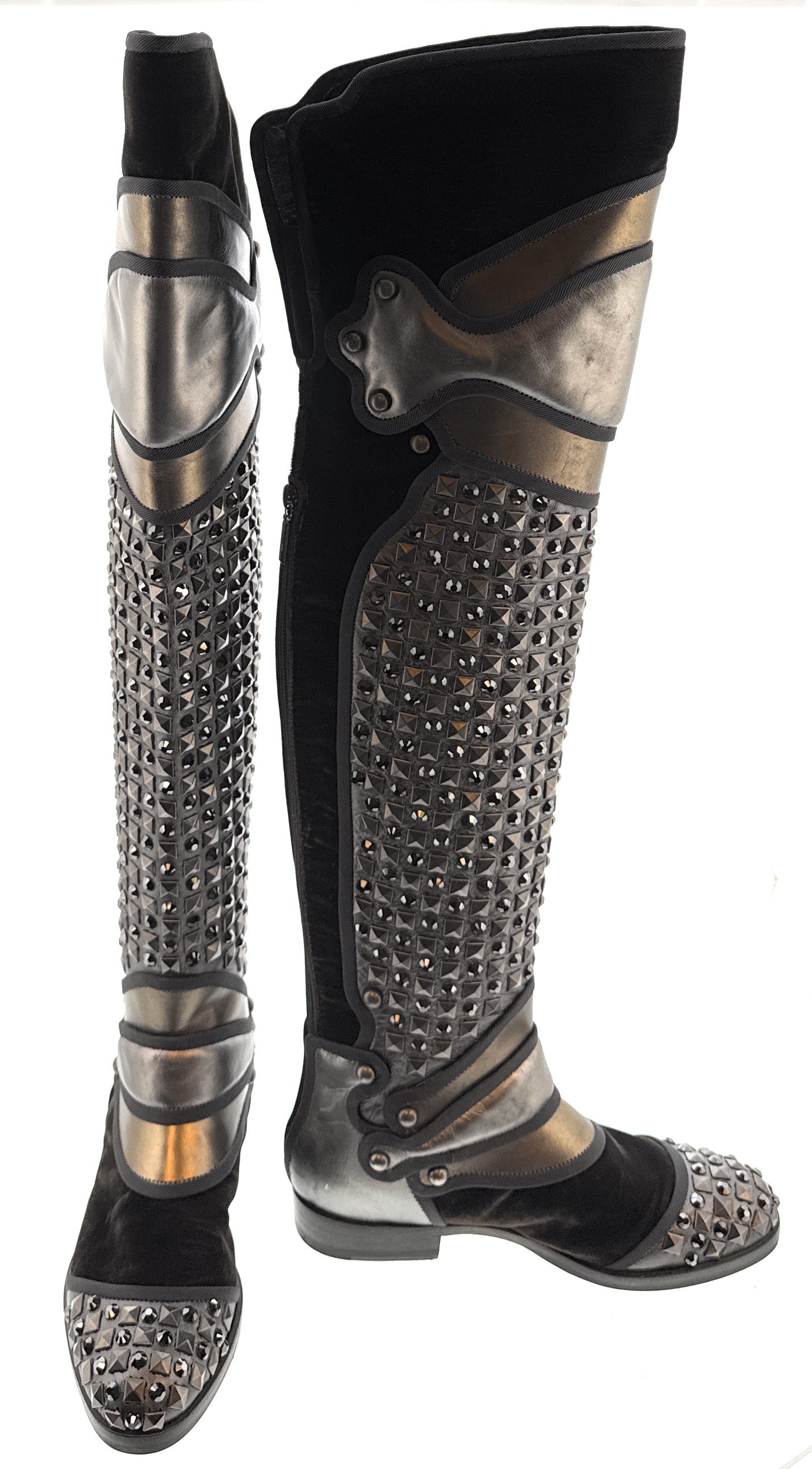 Dolce & Gabbana Studded Armored Velvet & Leather Knee-High Boots -EU35