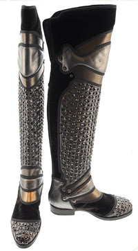 Dolce & Gabbana Studded Armored Velvet & Leather Knee-High Boots -EU35