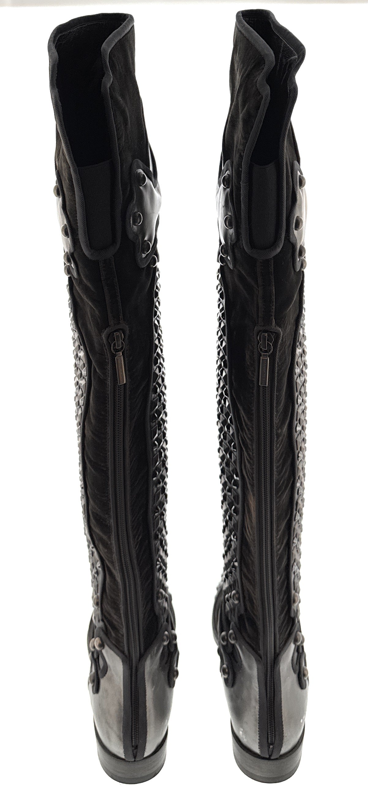 Dolce & Gabbana Studded Armored Velvet & Leather Knee-High Boots -EU35