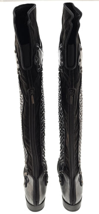Dolce & Gabbana Studded Armored Velvet & Leather Knee-High Boots -EU35
