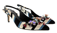 Dolce & Gabbana Striped Slingback Heels with Crystal Floral Embellishment -EU41
