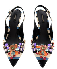 Dolce & Gabbana Striped Slingback Heels with Crystal Floral Embellishment -EU41