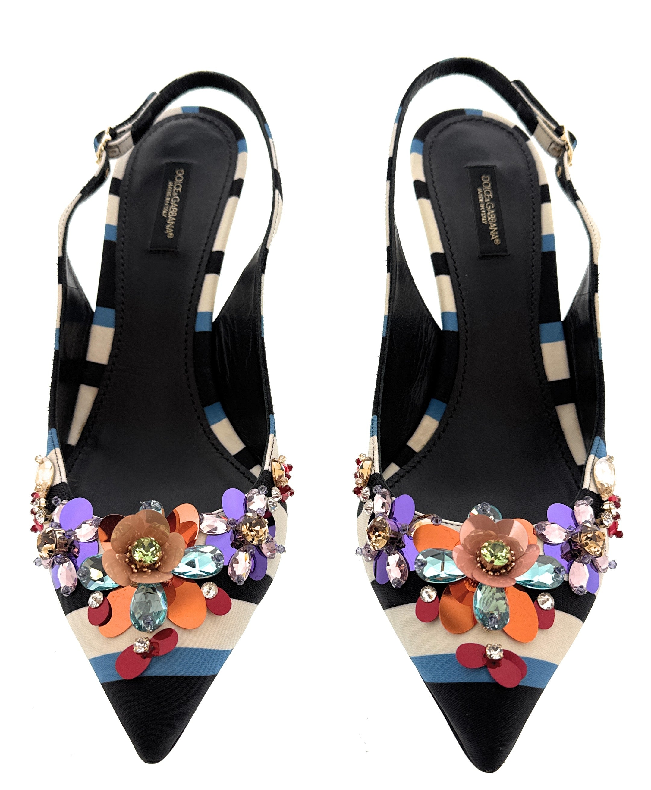 Dolce & Gabbana Striped Slingback Heels with Crystal Floral Embellishment -EU41