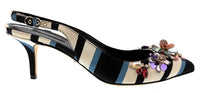 Dolce & Gabbana Striped Slingback Heels with Crystal Floral Embellishment -EU41