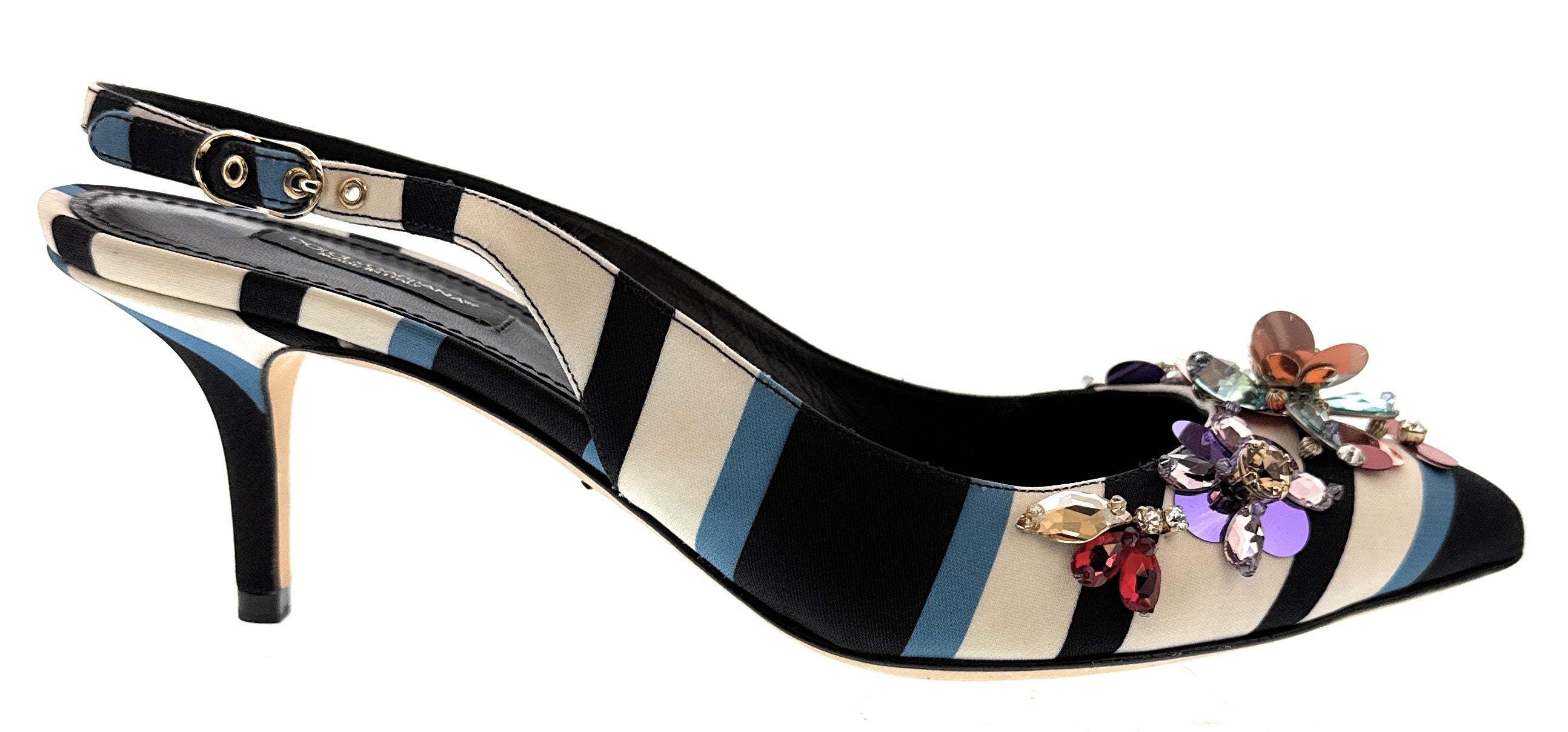 Dolce & Gabbana Striped Slingback Heels with Crystal Floral Embellishment -EU41