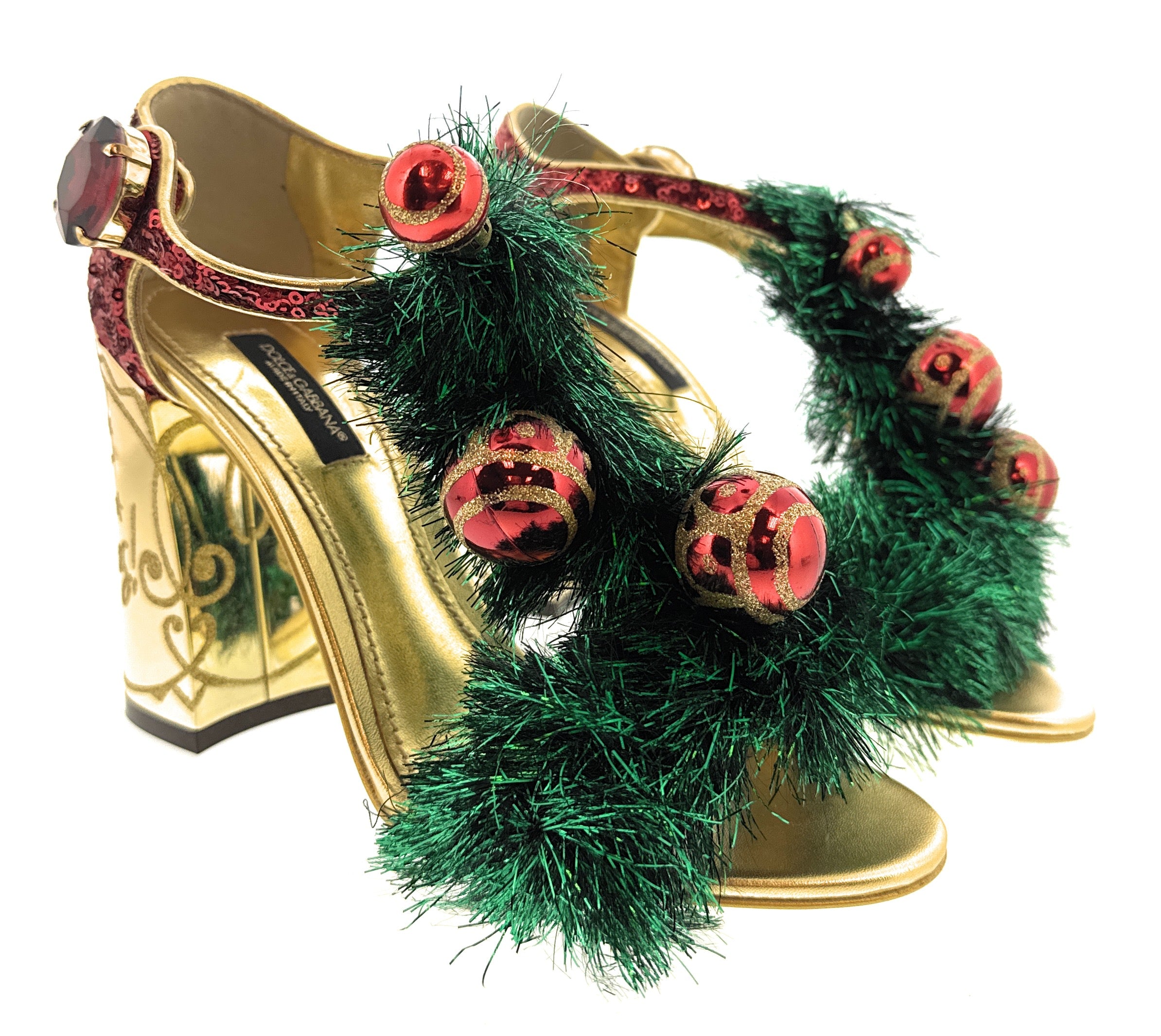 Dolce & Gabanna Red Merry Christmas Block Heel Glitter Heels-36.5
