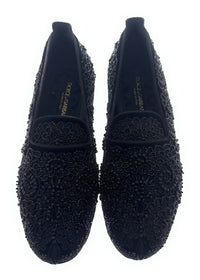 Dolce & Gabbana Men's Black Velvet Loafers with Beaded Lace Detailing -EU40